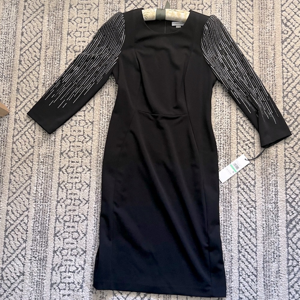 NWT Calvin Klein Black Jeweled 3/4 Sleeve Dress